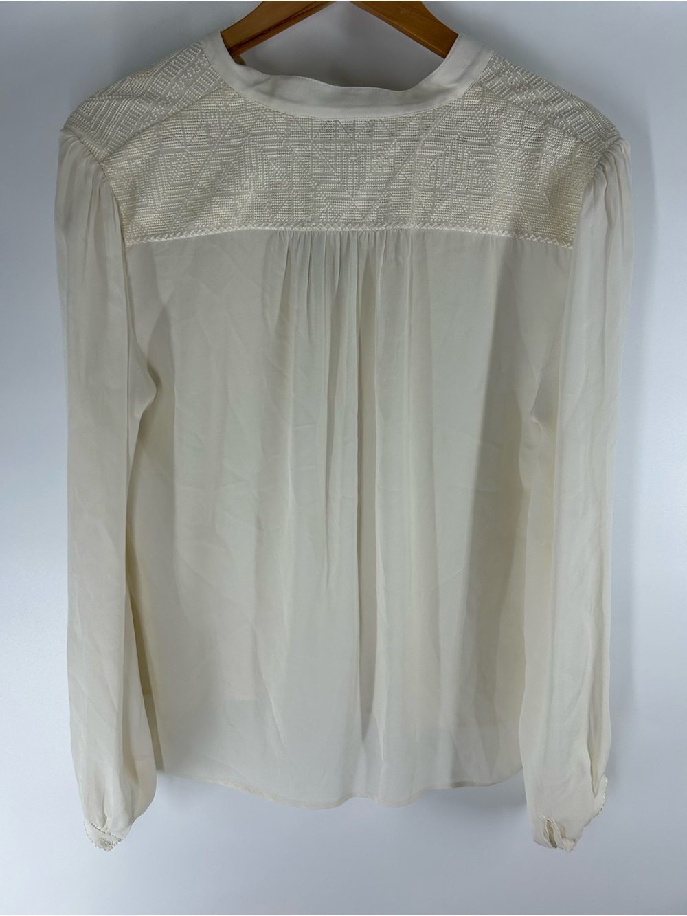 Nili Lotan Silk Ivory Embroidered Tassel V-Neck Blouse - Picture 2 of 6